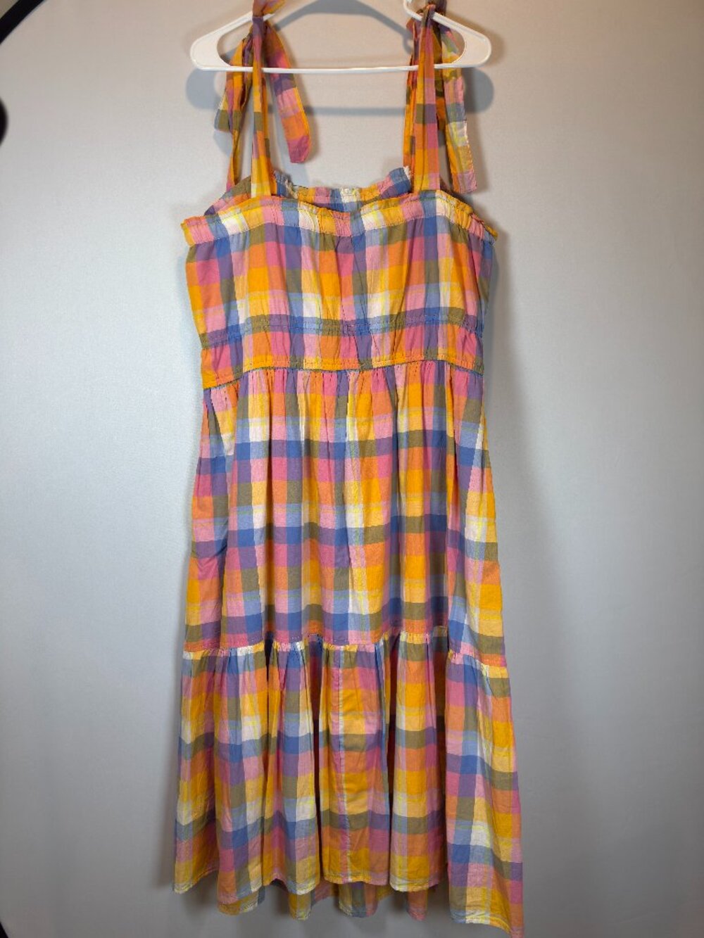 Free Assembly XXL Cotton Pastel Plaid Tiered Sundress Tie Straps Lined Pockets - Picture 5 of 14